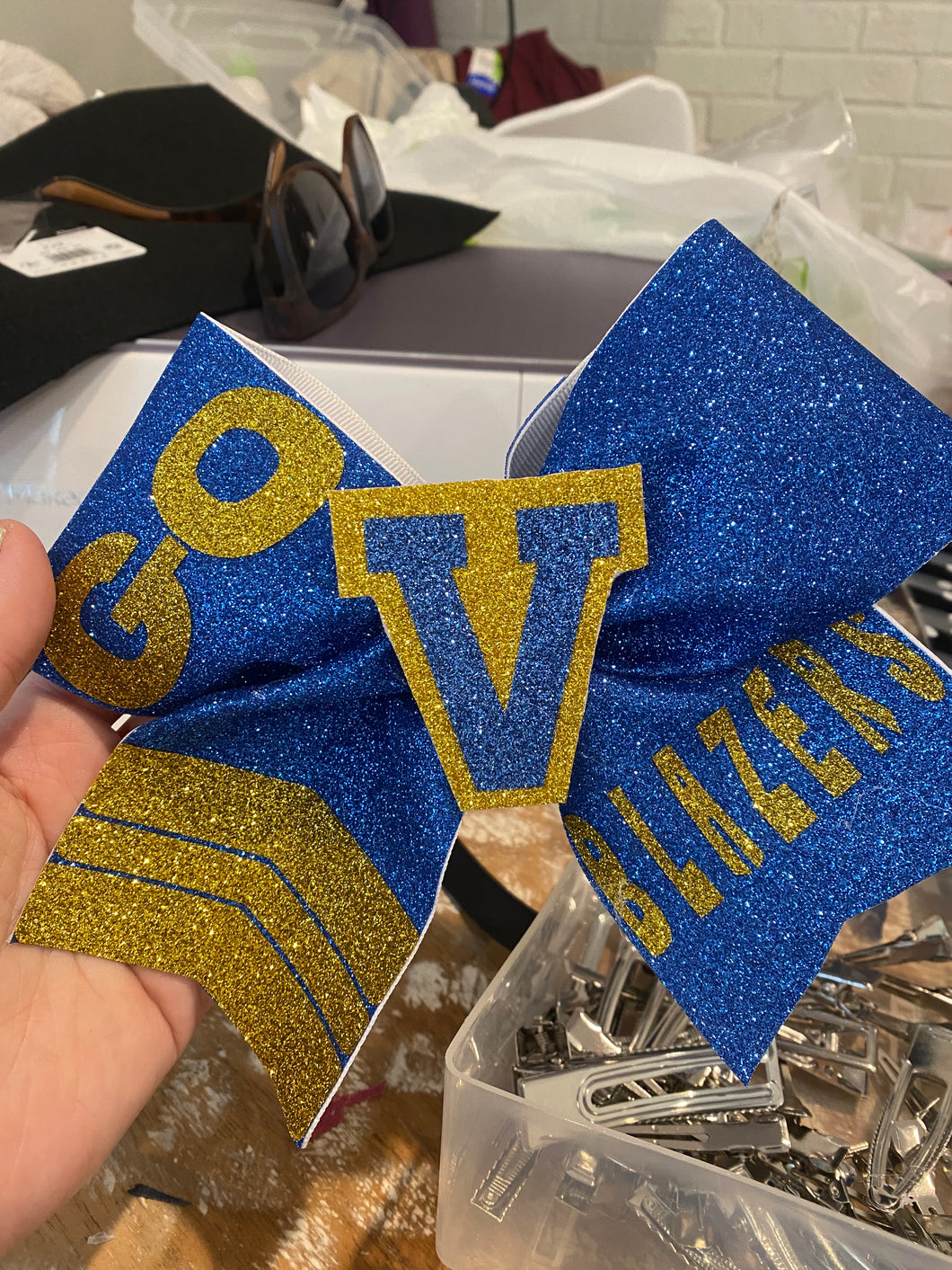 PREORDER: Blue and Gold V (Valley View)Bow- hair tie